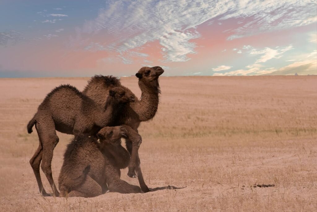 A trio of camels resting together in a wide open desert under a dramatic sunset sky.