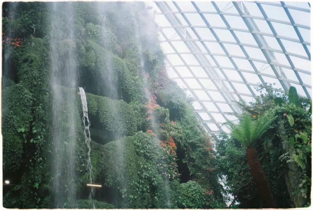Lush greenery and cascading waterfall inside the Cloud Forest Dome at Gardens by the Bay, Singapore.