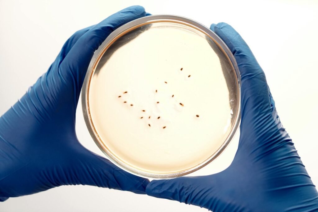 Blue-gloved hands hold a petri dish with bacterial colonies, showcasing a microbiology lab setting.