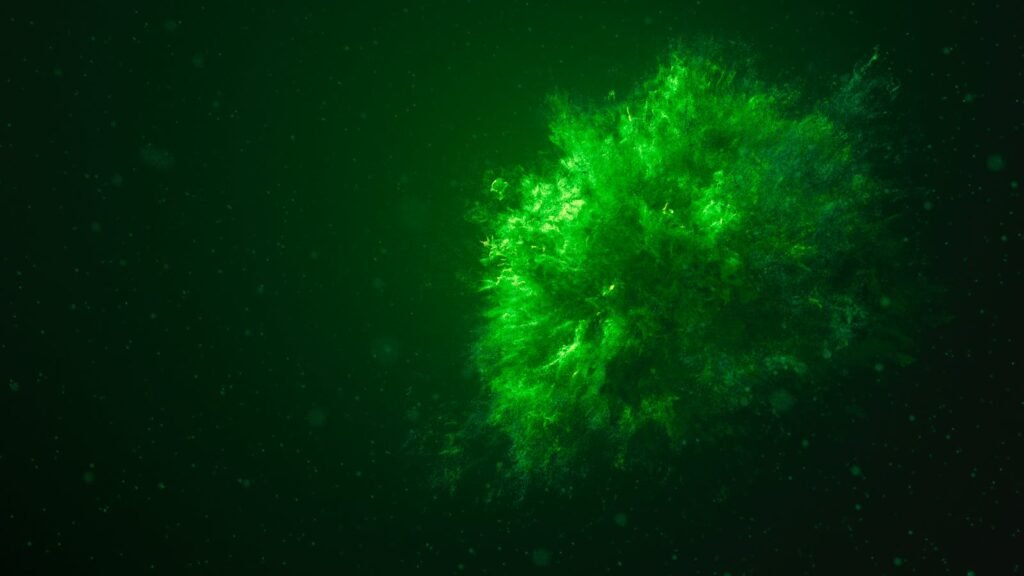 A vivid underwater green explosion creating a stunning abstract visual effect.