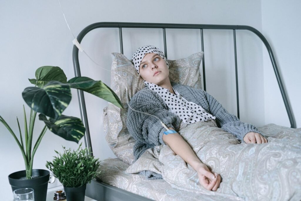 A young woman in recovery, embracing strength and hope during cancer therapy.