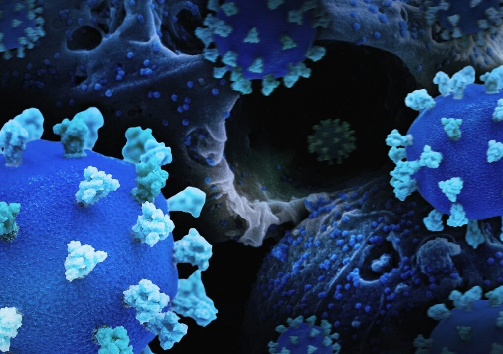 a close up of a blue and white substance