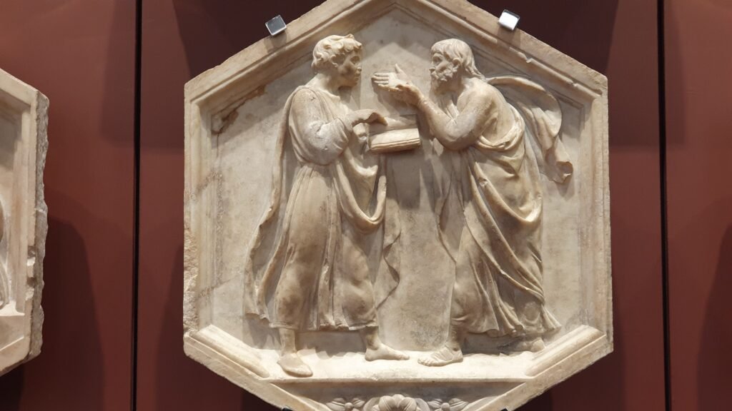 Plato and Aristotle dialectics by Luca della Robbia-Museo dell'Opera del Duomo-Florence.