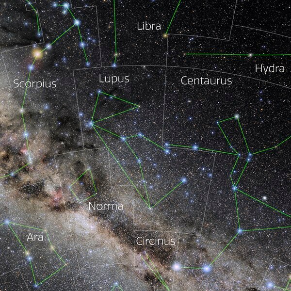 Photo of the constellation Lupus with annotations from IAU and Sky & Telescope.