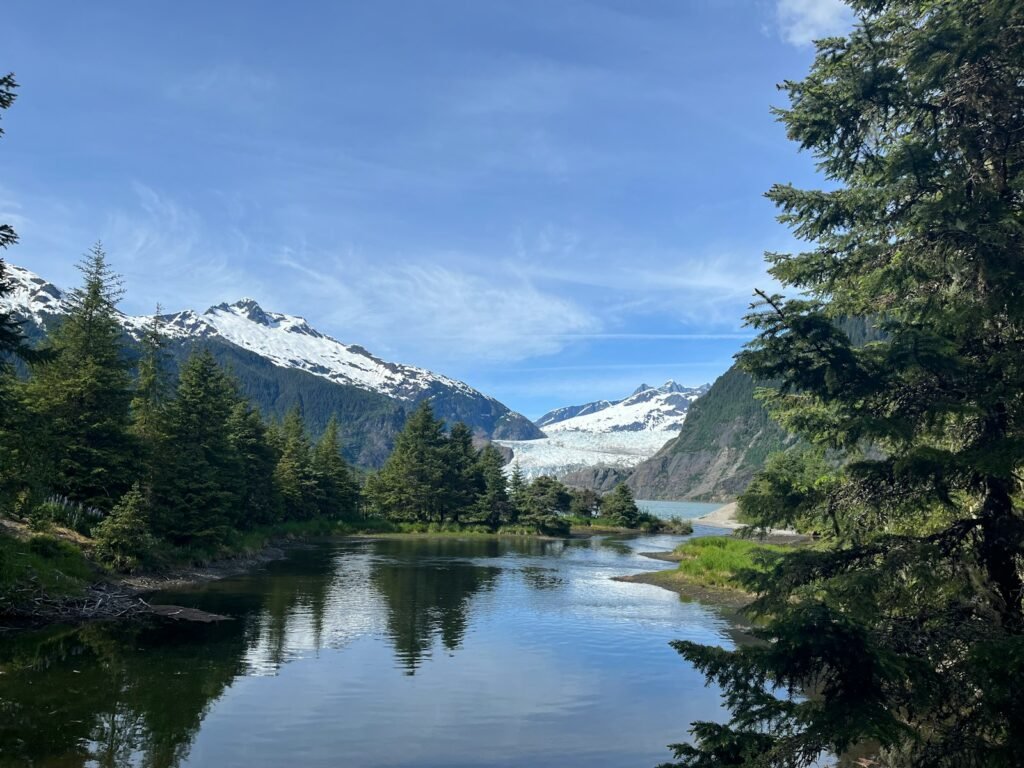 a lake surrounded by trees and mountains