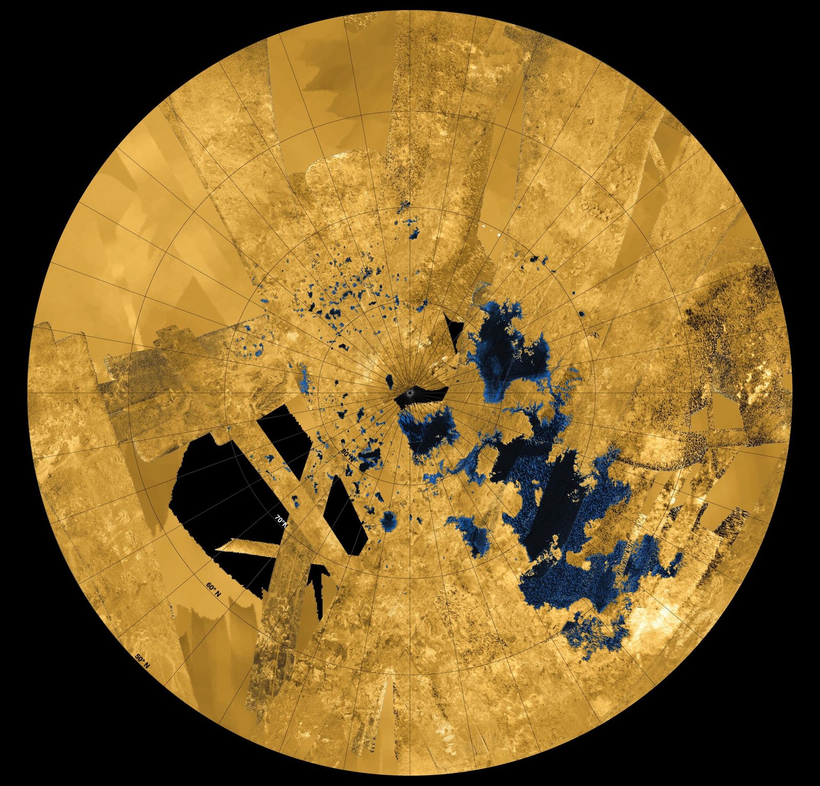 Titan's Hydrocarbon Lakes (image credits: By NASA/JPL-Caltech/ASI/USGS, Public domain, https://commons.wikimedia.org/w/index.php?curid=30448110)