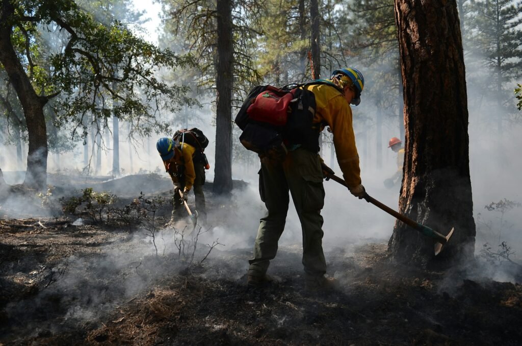 A group of people with backpacks and shovels in the woods