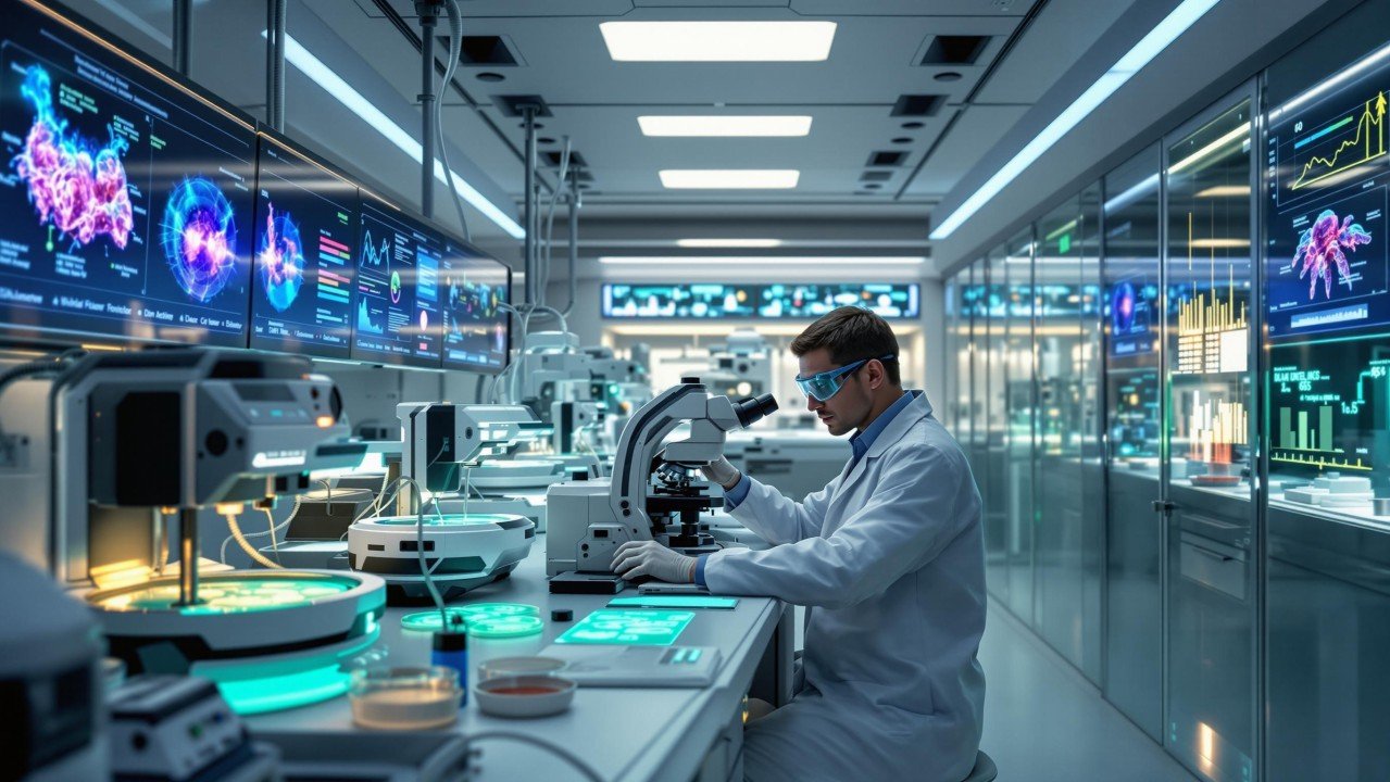 Illustration of futuristic regenerative medicine technology in a modern laboratory.