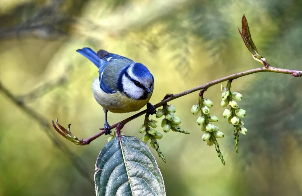Close-up of a Blue Tit perched on a flowering branch in a Scottish woodland.