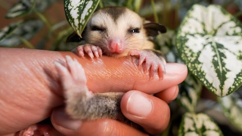 A cute sugar glider being gently held in a hand in front of a potted plant.