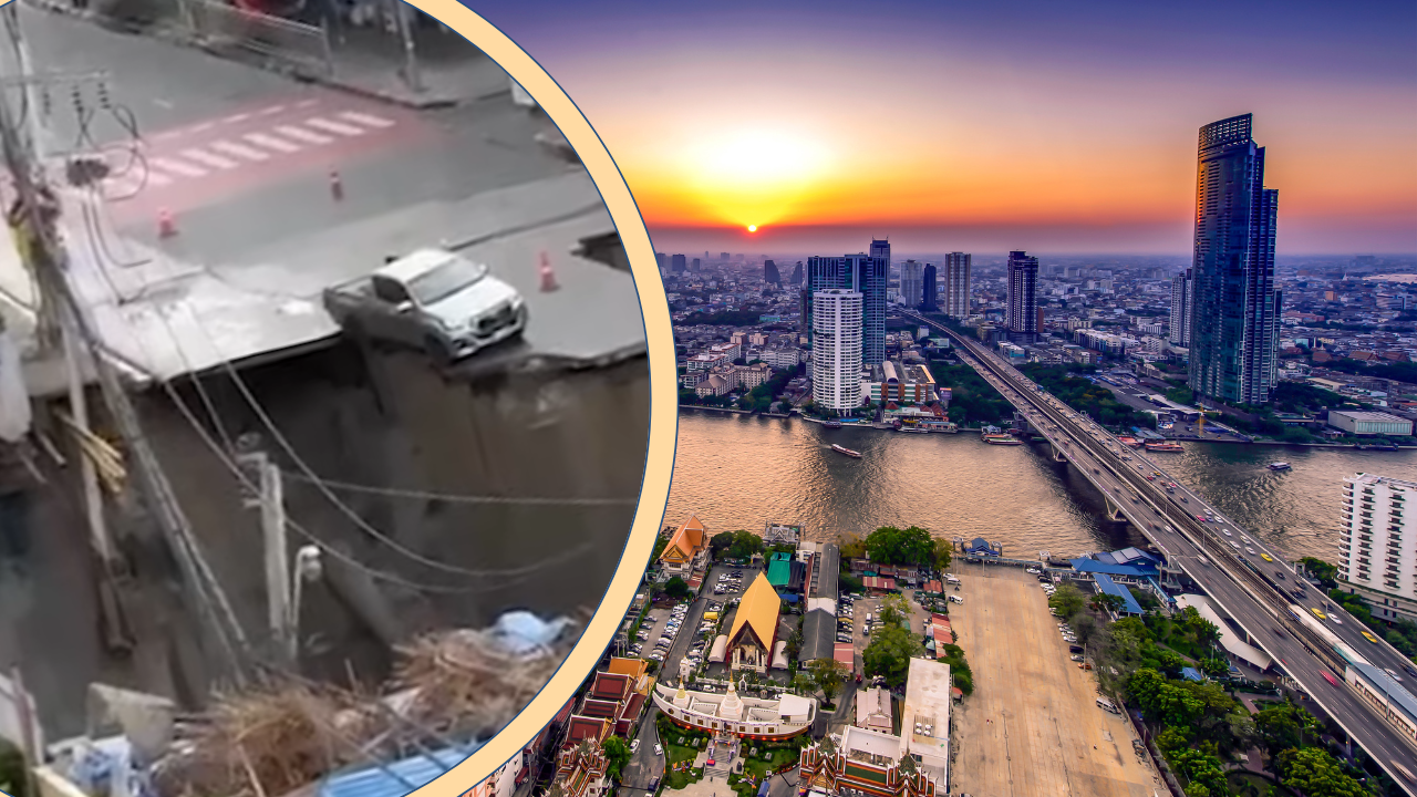 Watch: Massive Sinkhole Swallows Vehicles, Poles Outside Bangkok Hospital