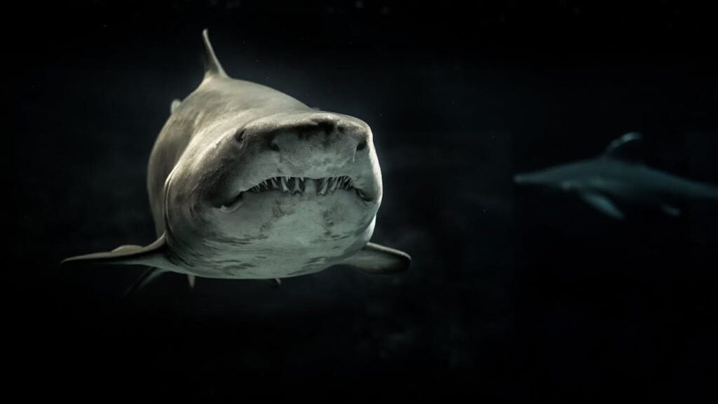 photo of Gray shark with visible teeth