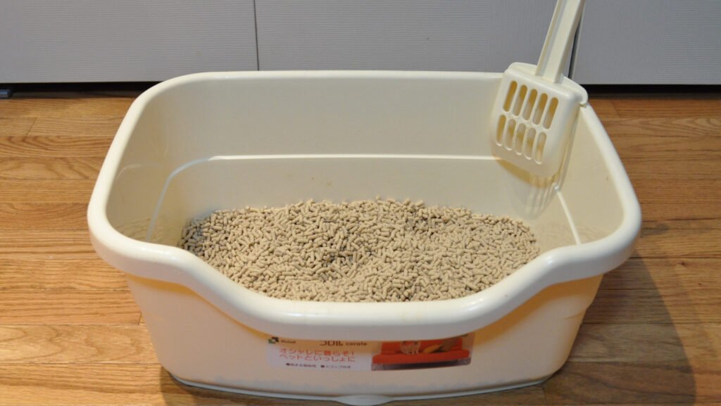 Open-top pet litter box filled with natural wood-based litter and a plastic scoop.