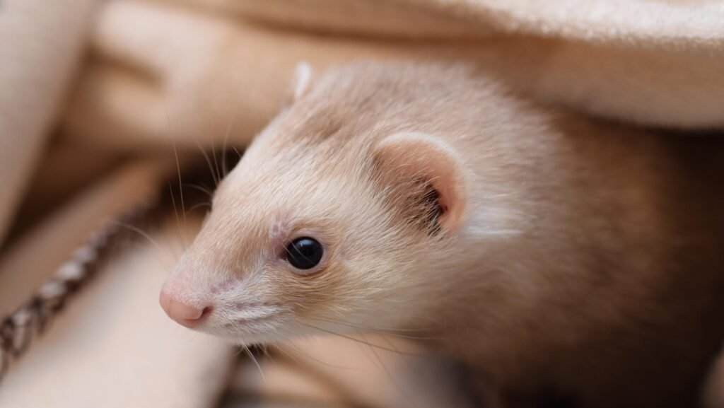 Close-up of a light tan ferret with dark eyes and a pink nose, looking intently to the left.