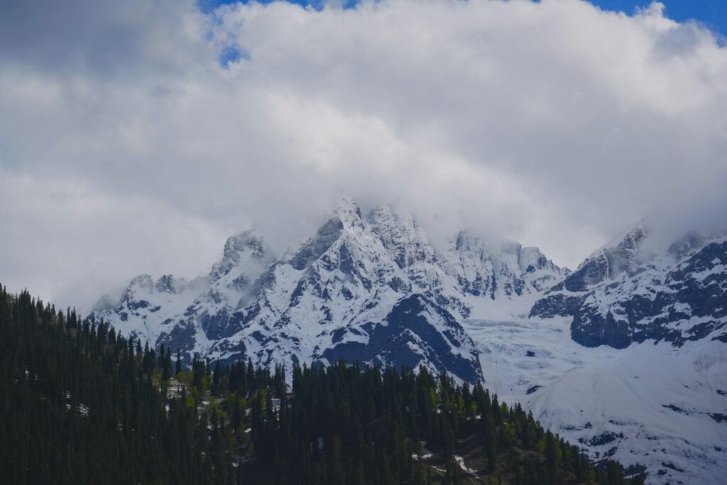 a mountain covered in snow and trees under a cloudy sky