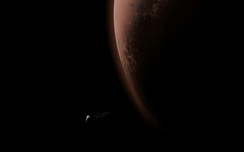 an artist's rendering of a red planet in space