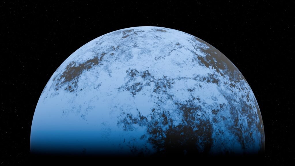 A partially icy planet shines in the darkness.