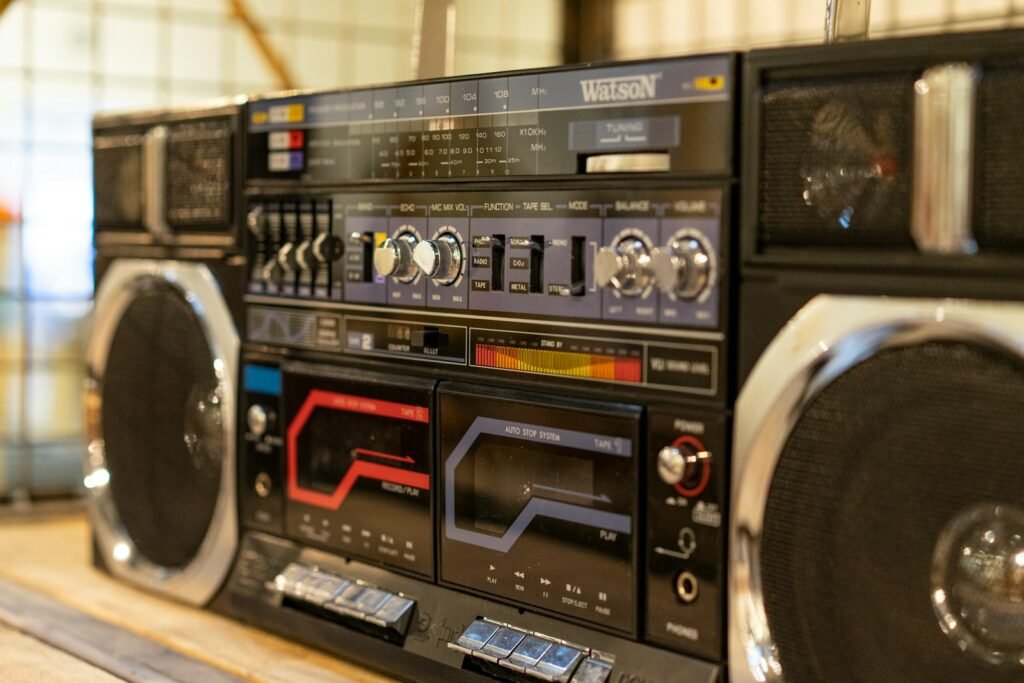 a boombox with a lot of electronics on top of it