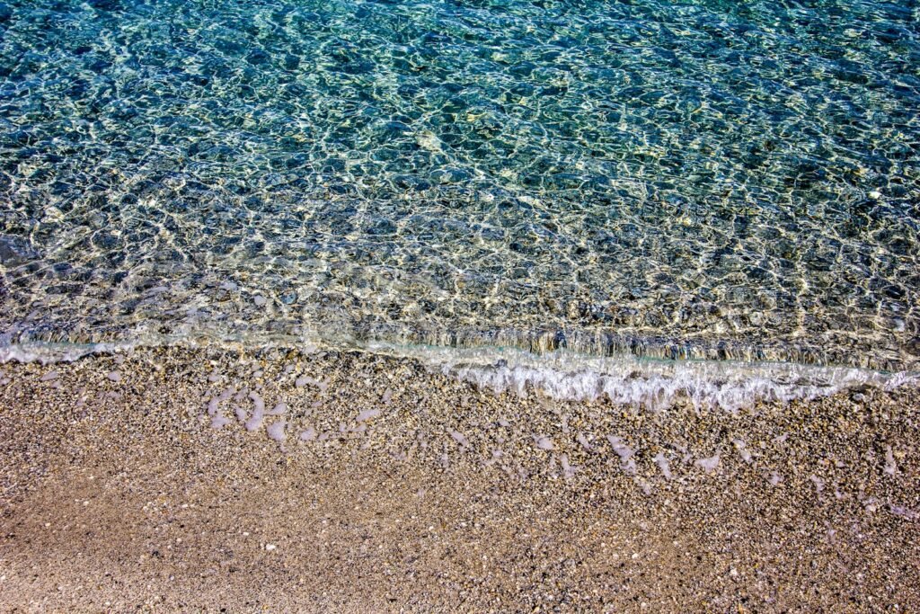 A sandy beach next to a body of water