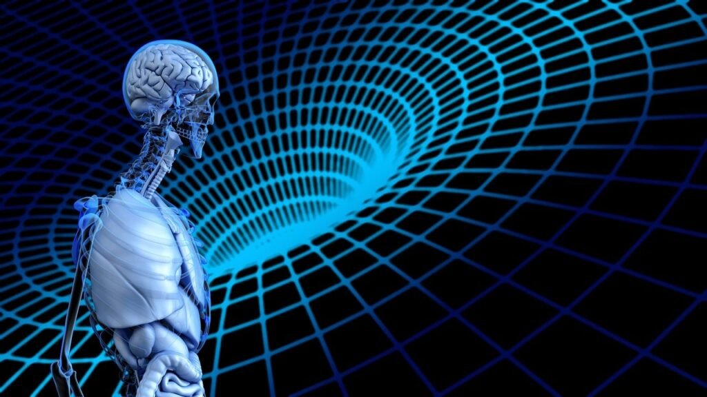 cybernetics, anatomy, brain, sci-fi, tunnel, grid, blue, black, skeleton, technology, abstract, digital, consciousness, medical, future, concept, wormhole, matrix, body, artificial, ai generated