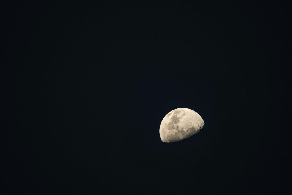 A half moon shines brightly against a dark sky.