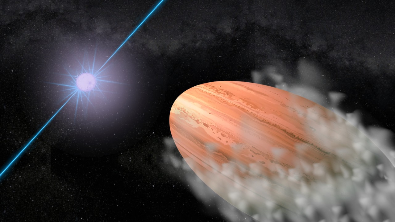 JWST Detects Elongated Exoplanet with Exotic Atmosphere Near a Spinning Neutron Star