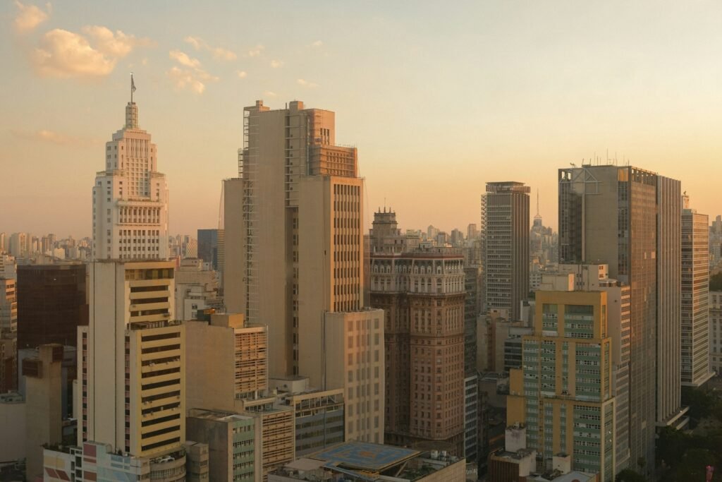 City skyline with skyscrapers at sunset
