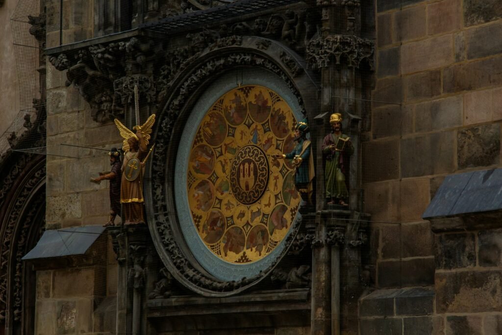 Astronomical clock with figures on building