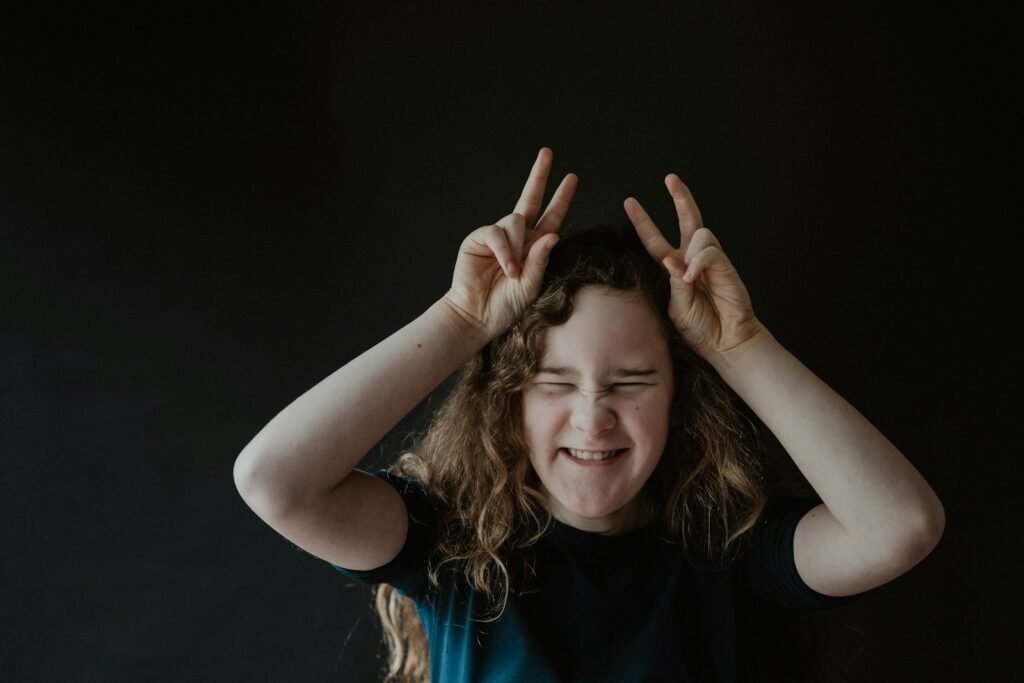 woman in blue crew neck t-shirt