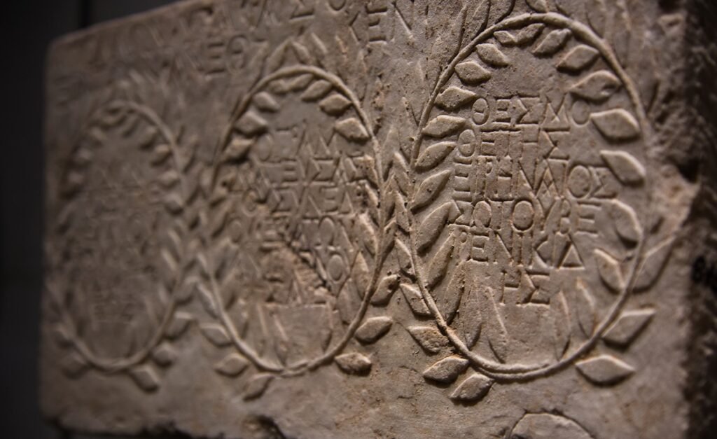 Ancient stone tablet with greek inscriptions and laurel wreaths