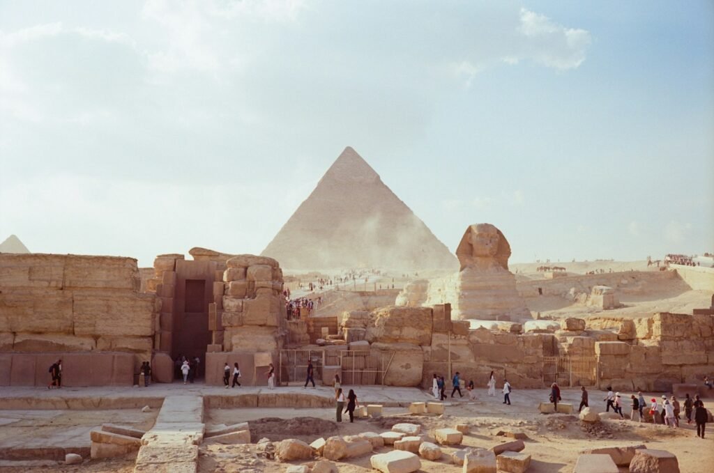 The pyramids of giza and the sphinx are visible.