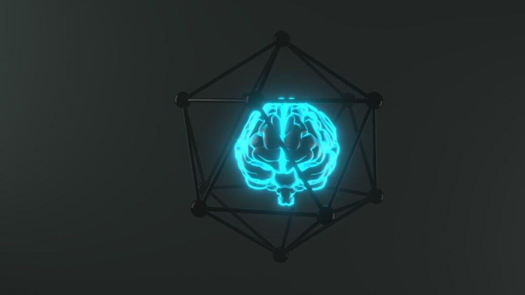 Glowing brain inside a geometric structure.