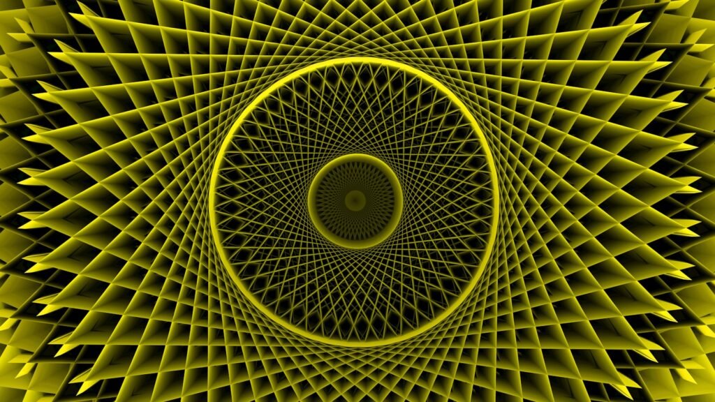 Yellow spiral pattern creates a unique optical illusion.