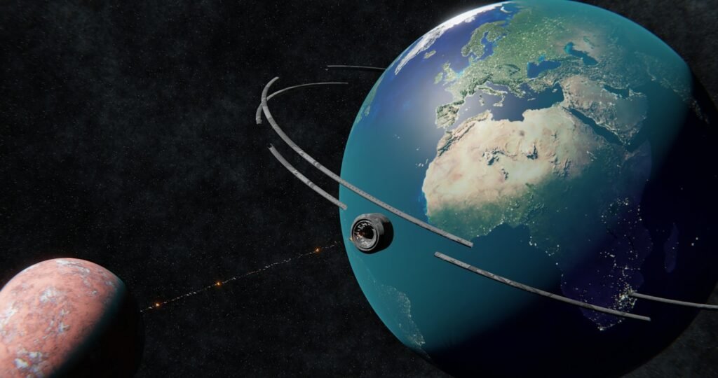 Earth and mars with orbital rings in space